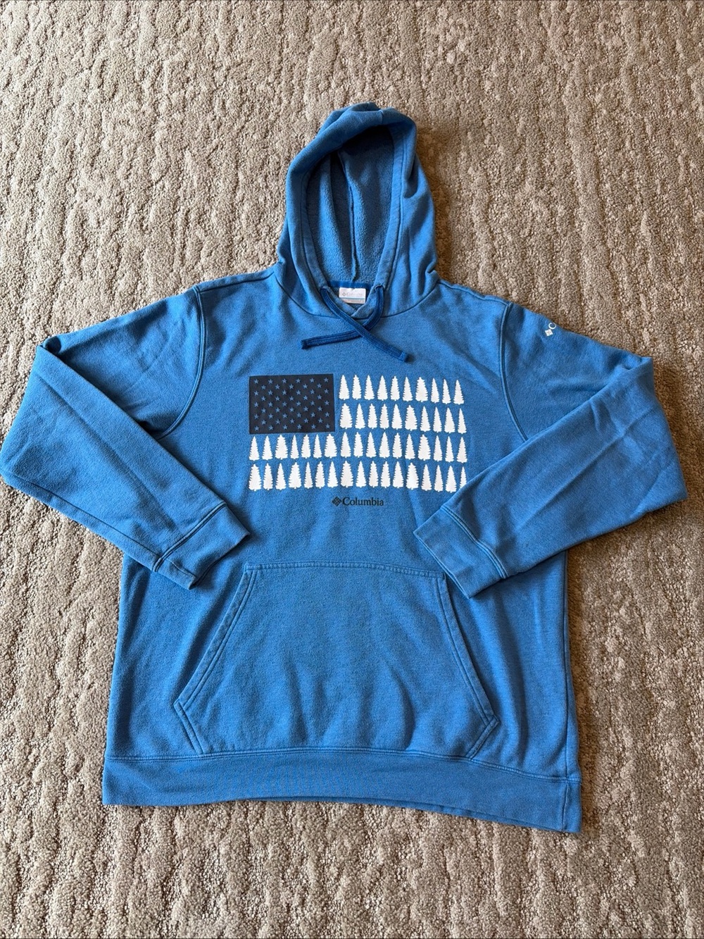 Columbia Mens Light Blue American Flag Tree Print Hoodie Sweatshirt Medium